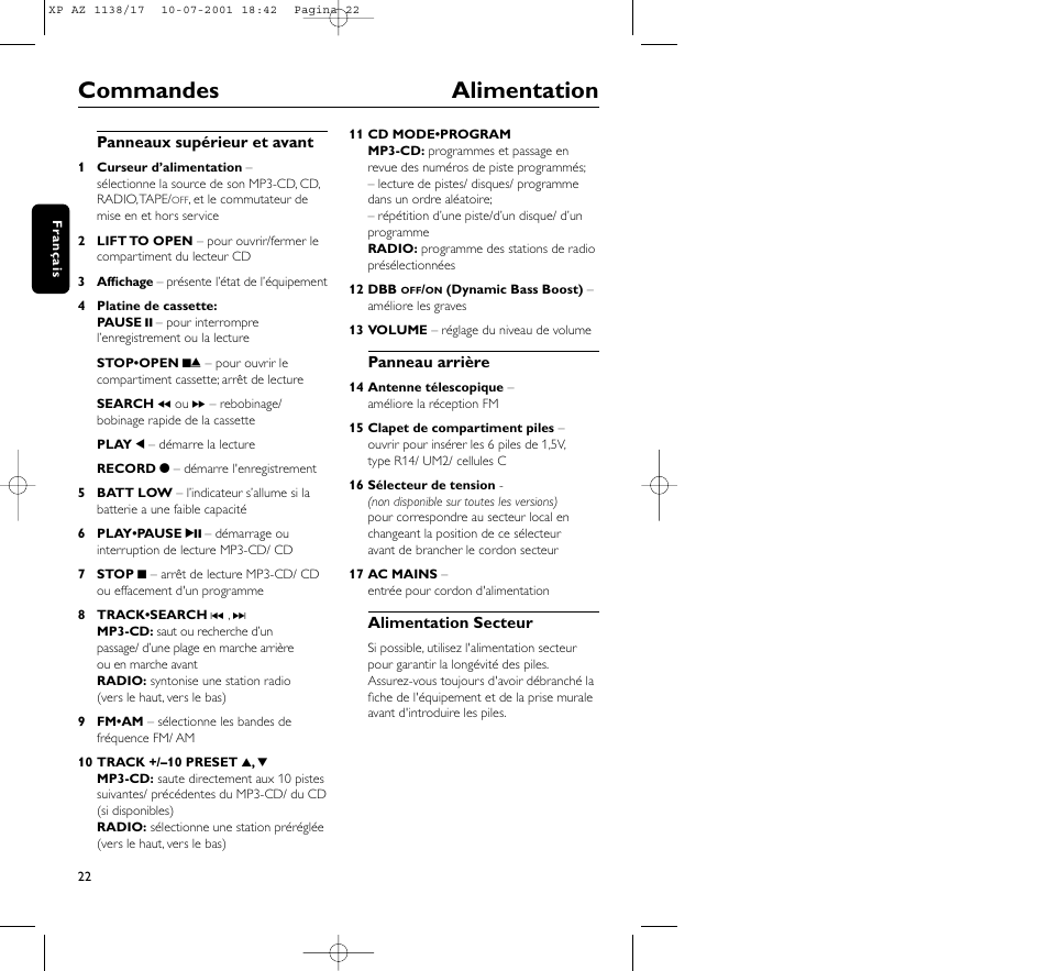 Commandes alimentation | Philips AZ113817 User Manual | Page 22 / 46