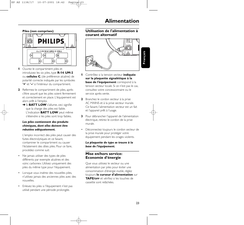 Alimentation | Philips AZ113817 User Manual | Page 23 / 46