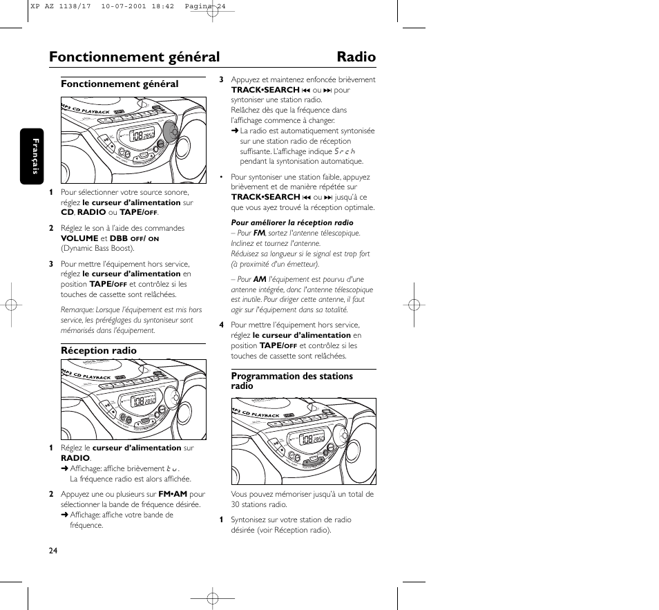 Fonctionnement général radio | Philips AZ113817 User Manual | Page 24 / 46