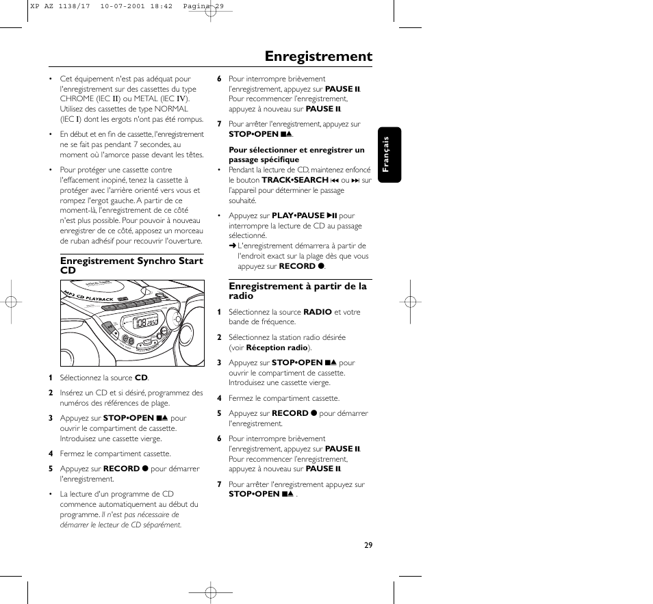 Enregistrement | Philips AZ113817 User Manual | Page 29 / 46