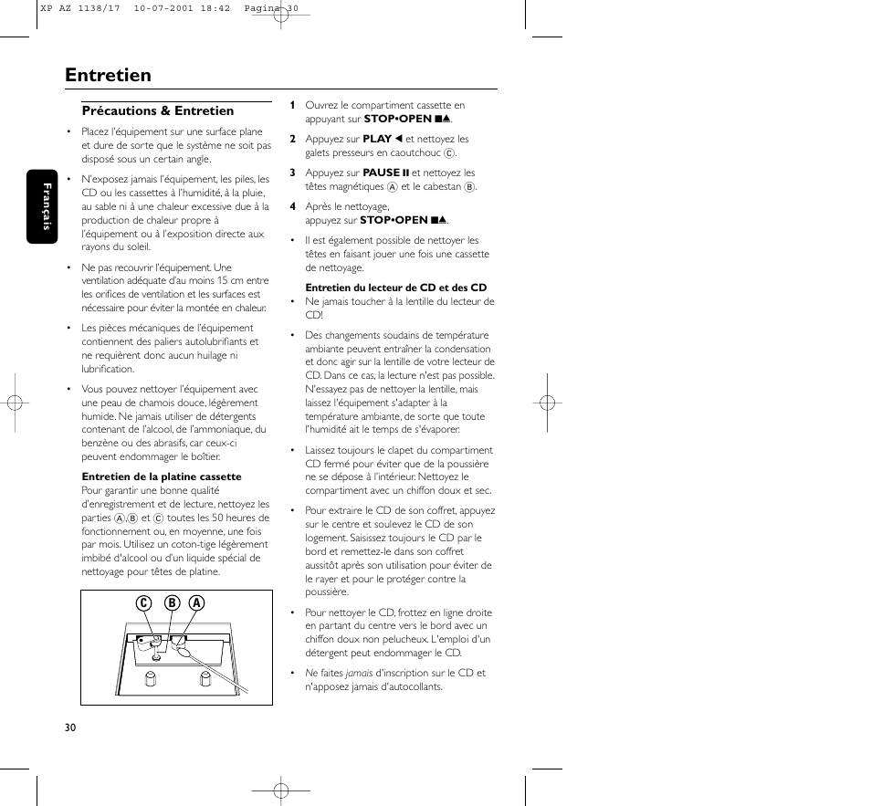 Entretien | Philips AZ113817 User Manual | Page 30 / 46