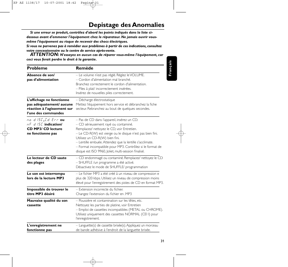 Depistage des anomalies, Attention | Philips AZ113817 User Manual | Page 31 / 46