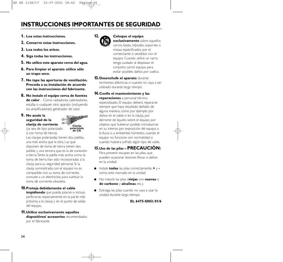 Instrucciones importantes de seguridad, Precaución | Philips AZ113817 User Manual | Page 34 / 46