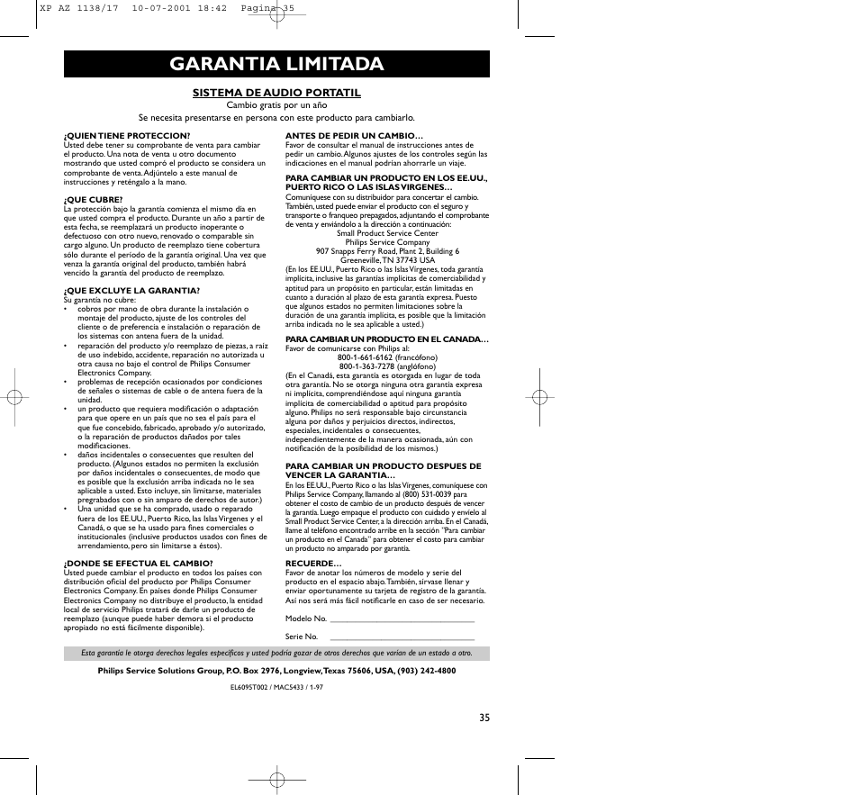 Garantia limitada | Philips AZ113817 User Manual | Page 35 / 46