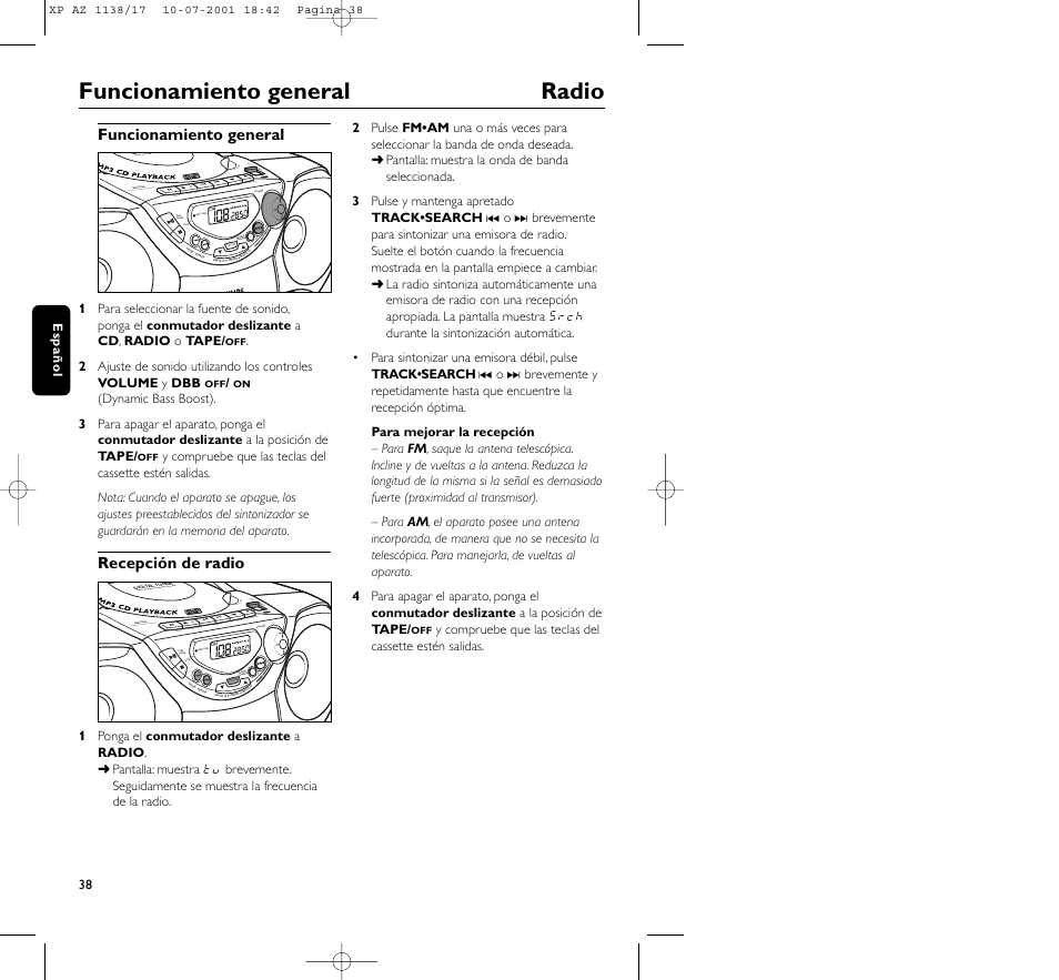 Funcionamiento general radio | Philips AZ113817 User Manual | Page 38 / 46