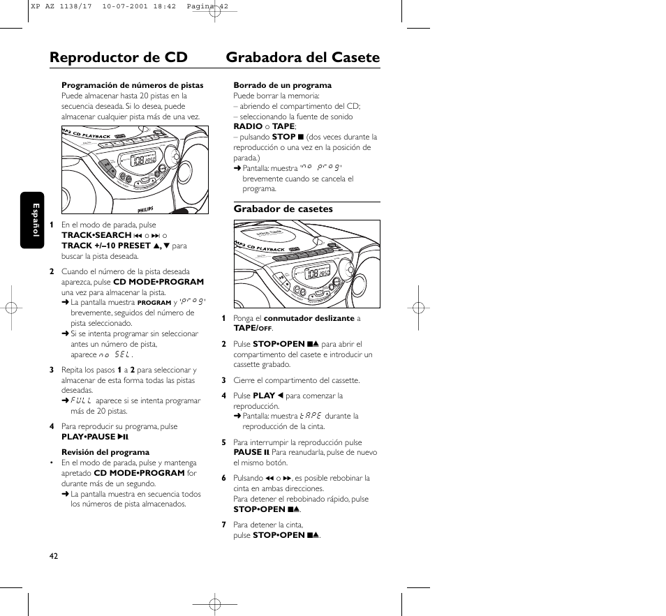 Reproductor de cd grabadora del casete | Philips AZ113817 User Manual | Page 42 / 46