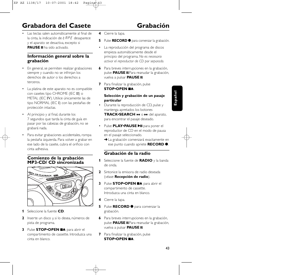 Grabadora del casete grabación | Philips AZ113817 User Manual | Page 43 / 46