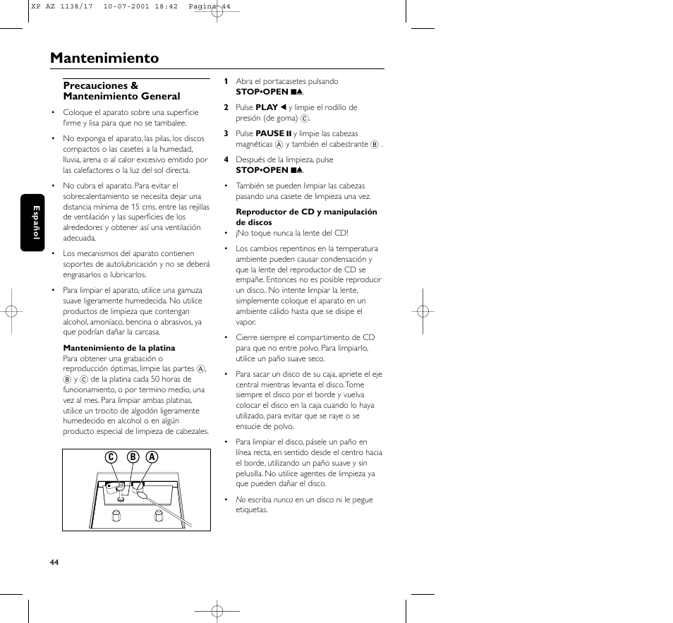 Mantenimiento | Philips AZ113817 User Manual | Page 44 / 46