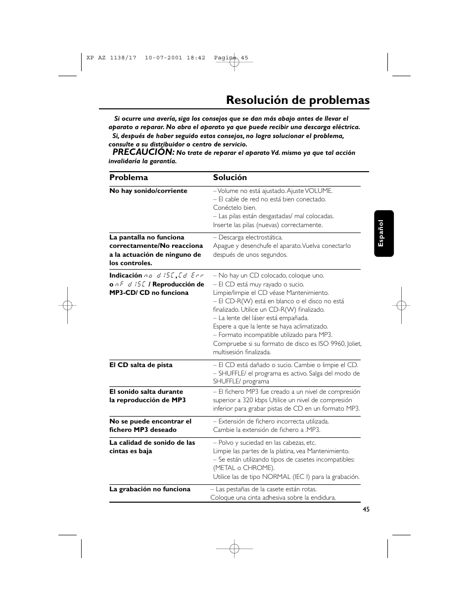 Resolución de problemas, Precaución | Philips AZ113817 User Manual | Page 45 / 46