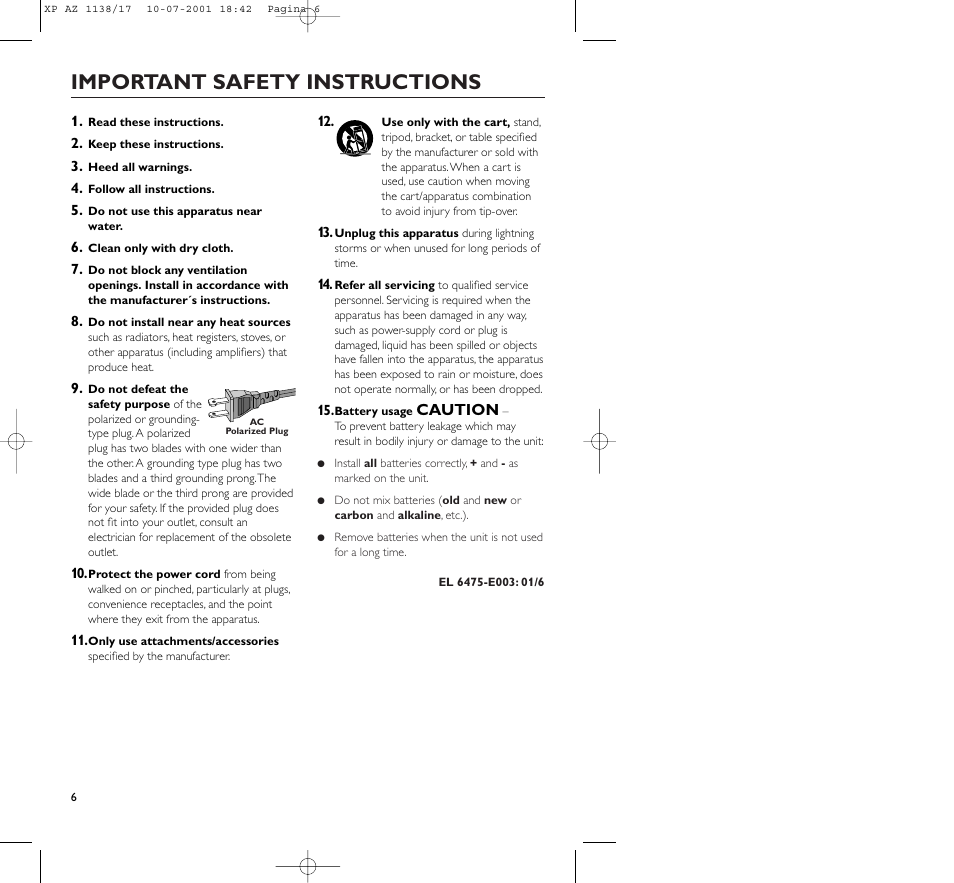 Important safety instructions, Caution | Philips AZ113817 User Manual | Page 6 / 46