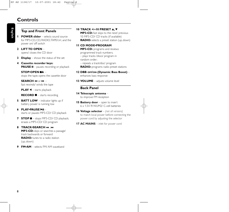 Controls | Philips AZ113817 User Manual | Page 8 / 46