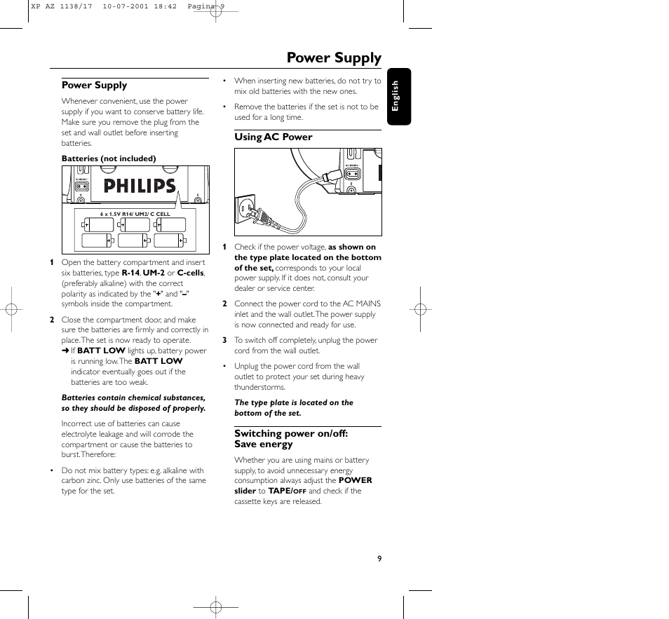 Power supply | Philips AZ113817 User Manual | Page 9 / 46