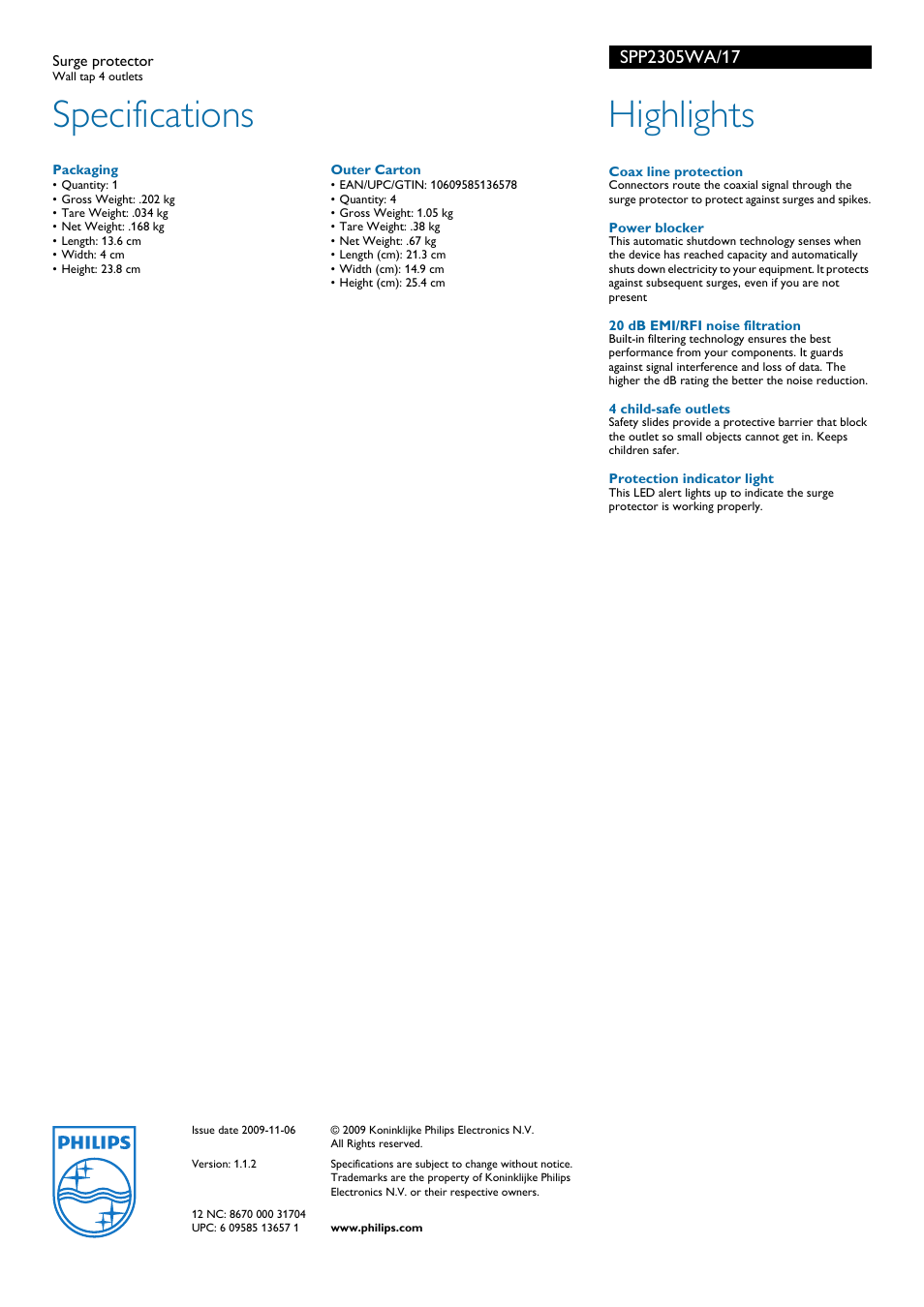 Specifications, Highlights | Philips SPP2305WA-17 User Manual | Page 2 / 2