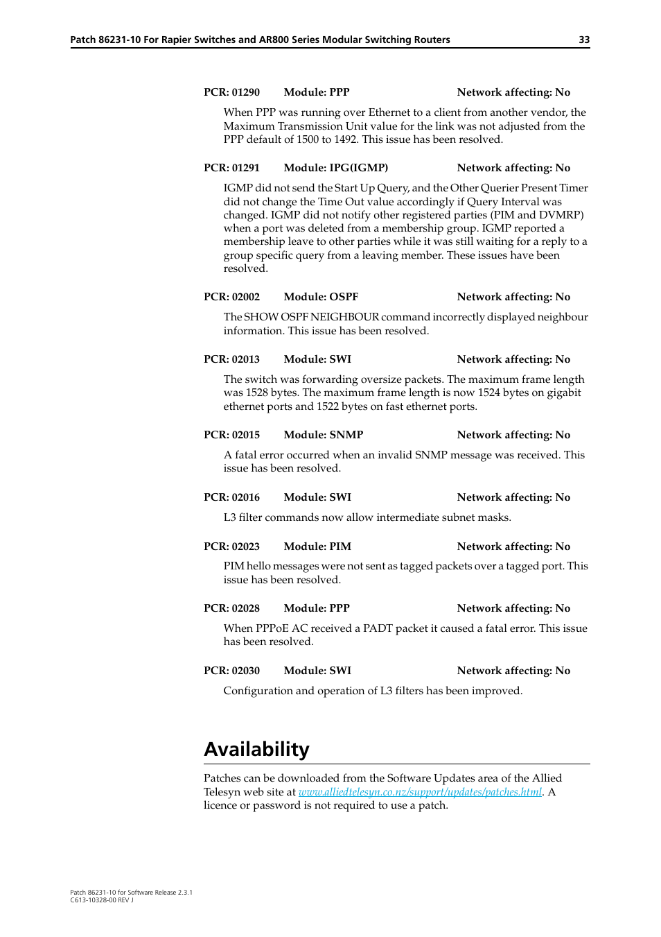 Availability | Allied Telesis AR800 Series User Manual | Page 33 / 34