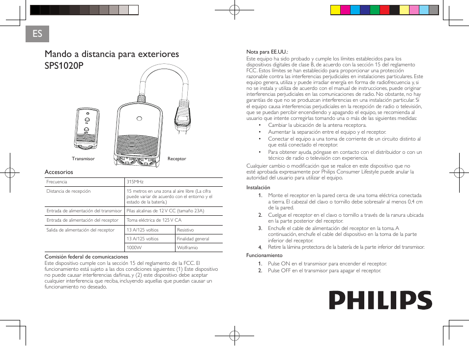 Mando a distancia para exteriores sps1020p | Philips SPS1020P-17 User Manual | Page 2 / 2