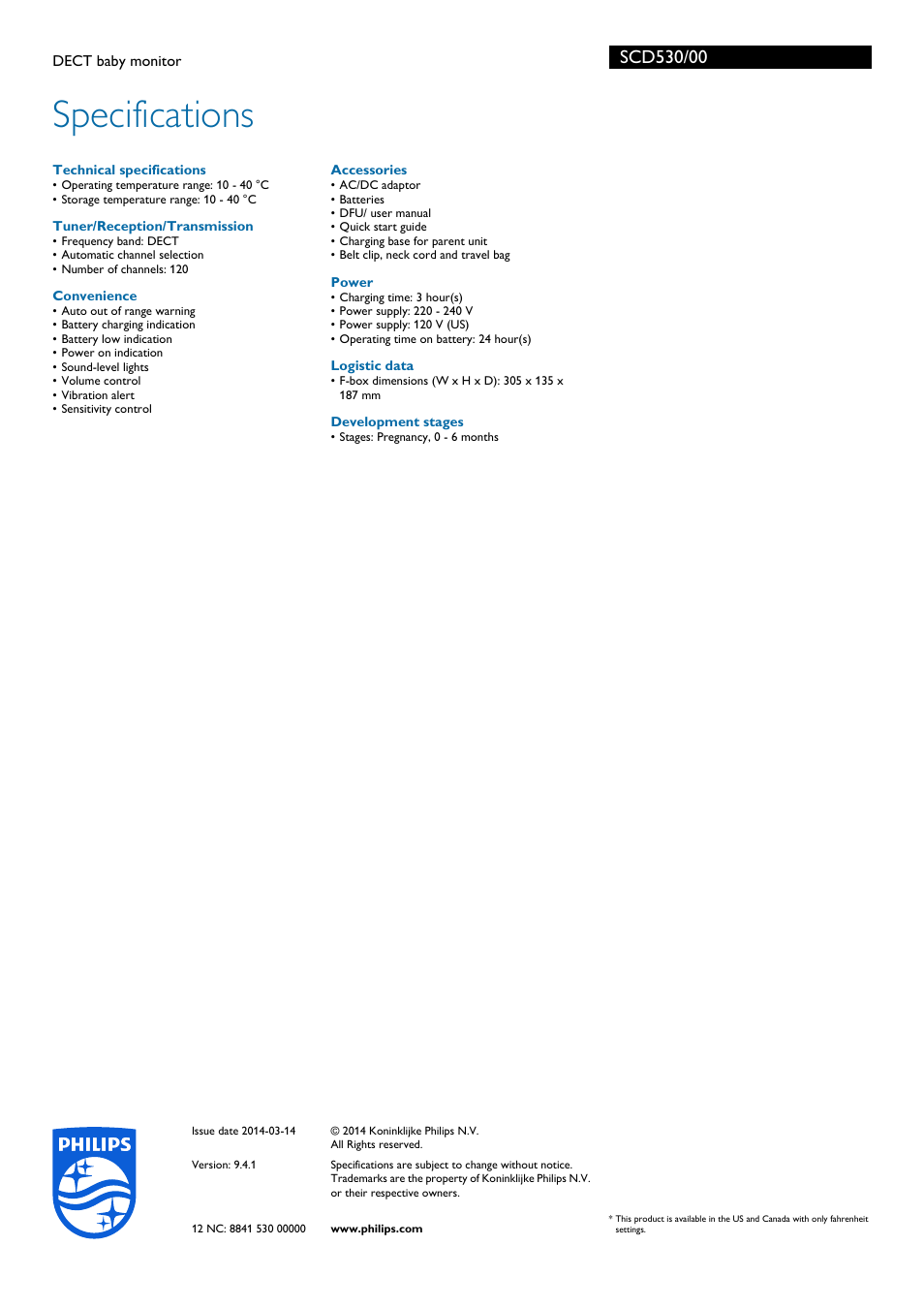 Specifications | Philips SCD530-00 User Manual | Page 3 / 3