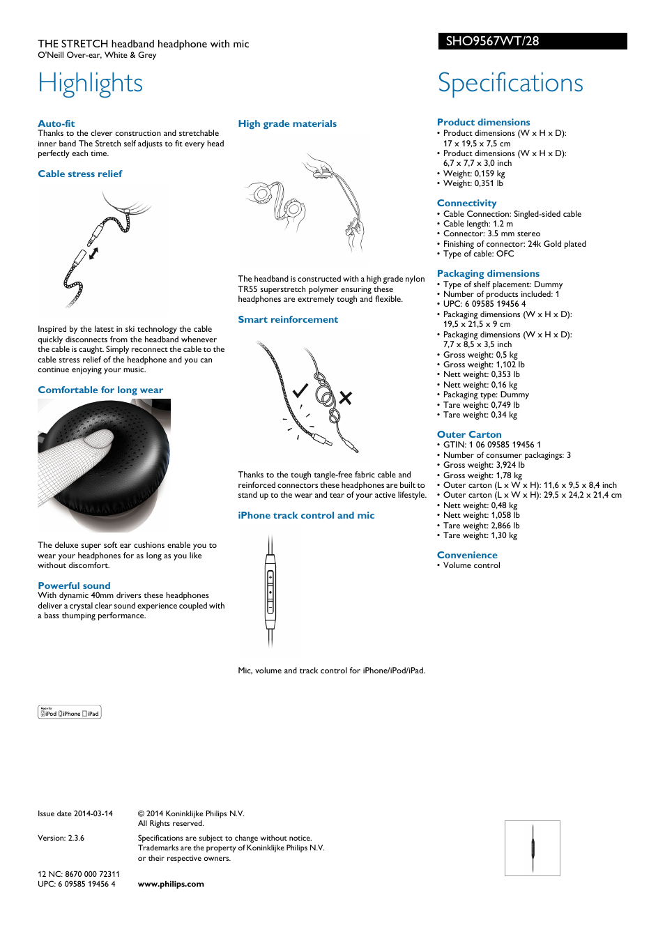 Highlights, Specifications | Philips SHO9567WT-28 User Manual | Page 2 / 2