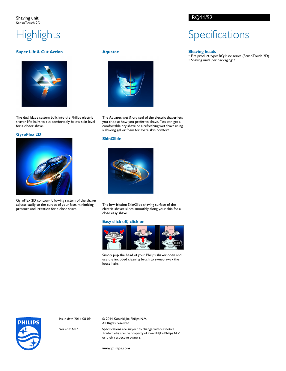 Highlights, Specifications, Rq11/52 | Philips RQ11-52 User Manual | Page 2 / 2