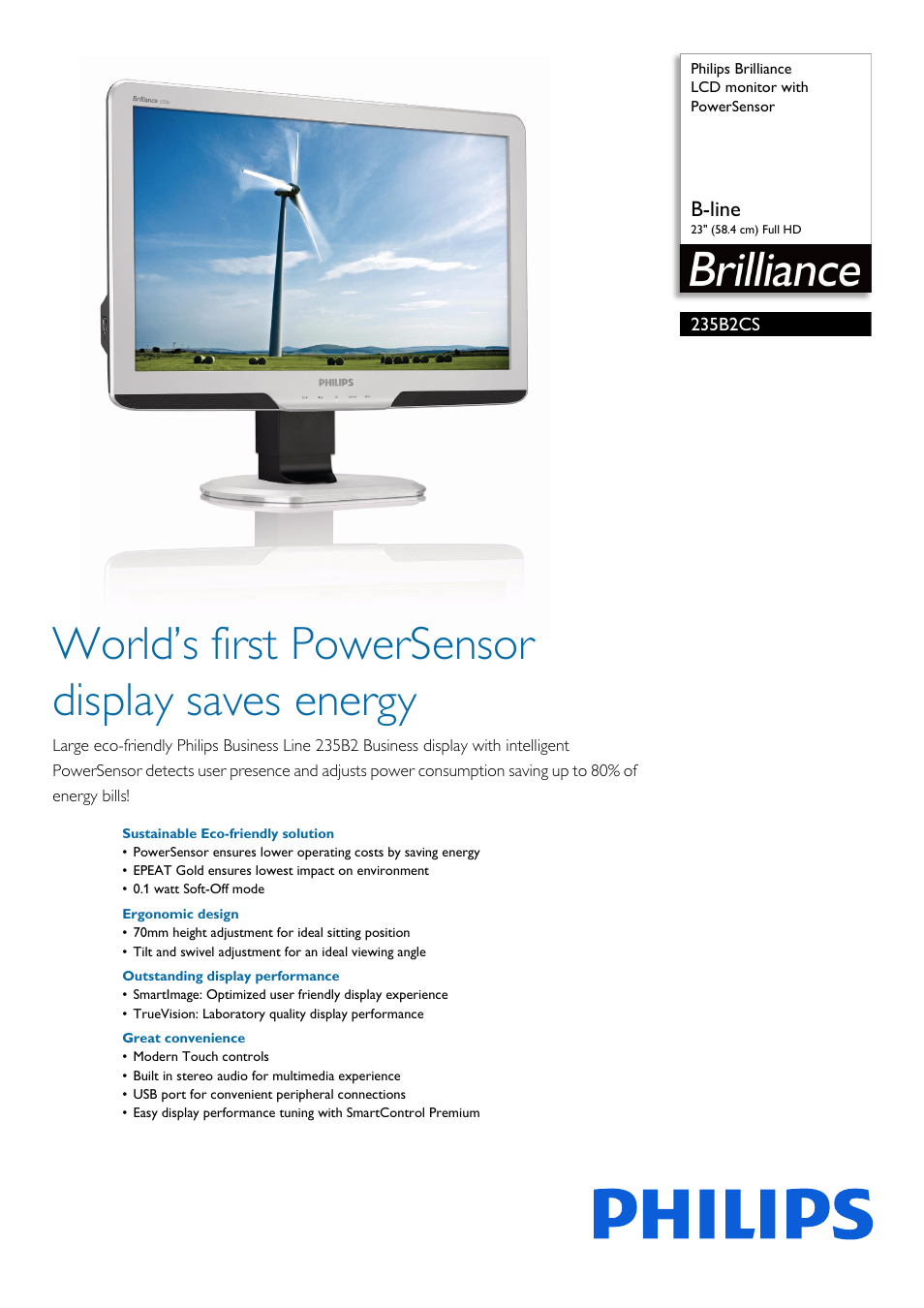 Philips Brilliance LCD monitor with PowerSensor 235B2CS B-line 23" 58.4 cm Full HD User Manual | 3 pages