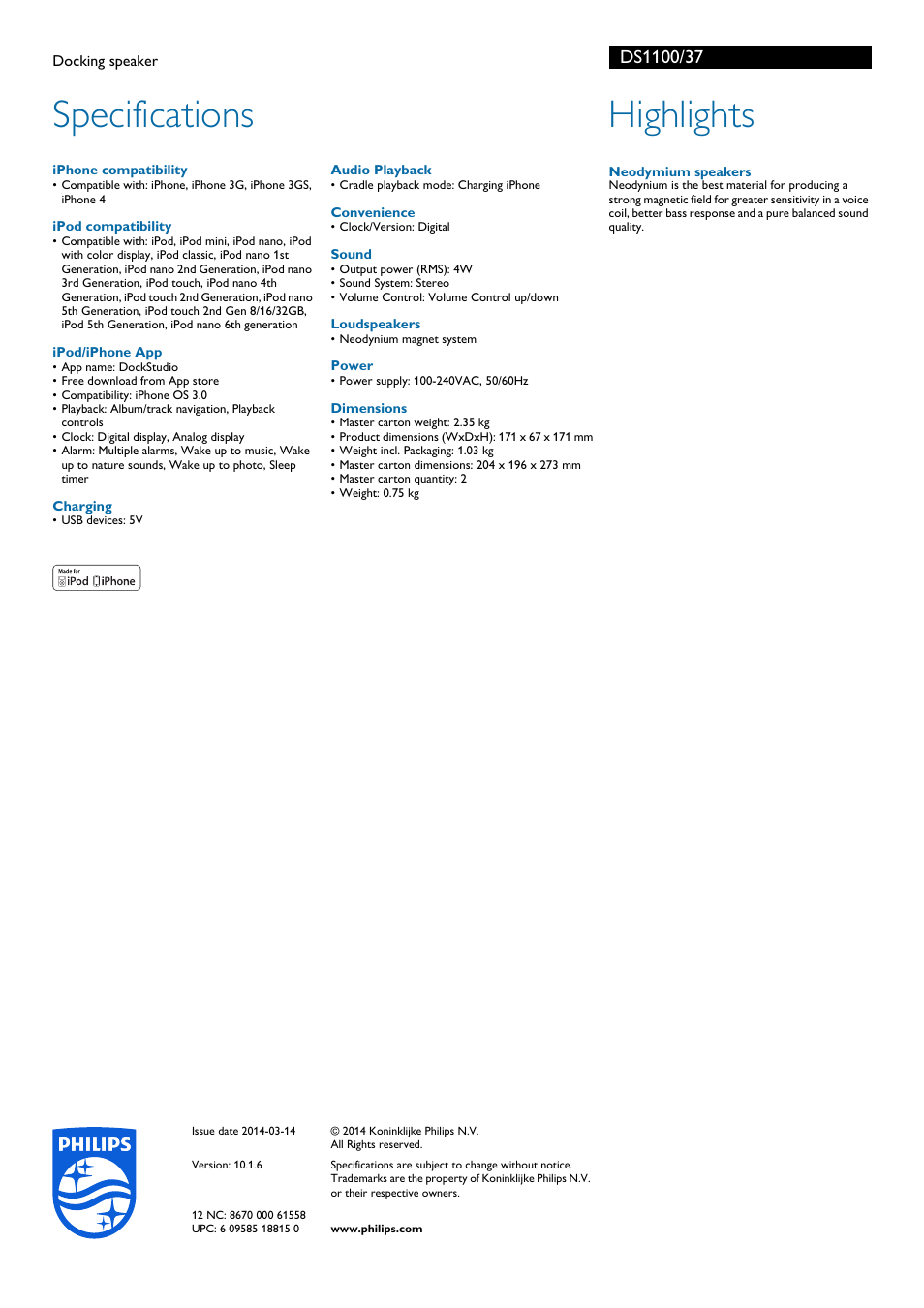 Specifications, Highlights | Philips DS1100-37 User Manual | Page 2 / 2