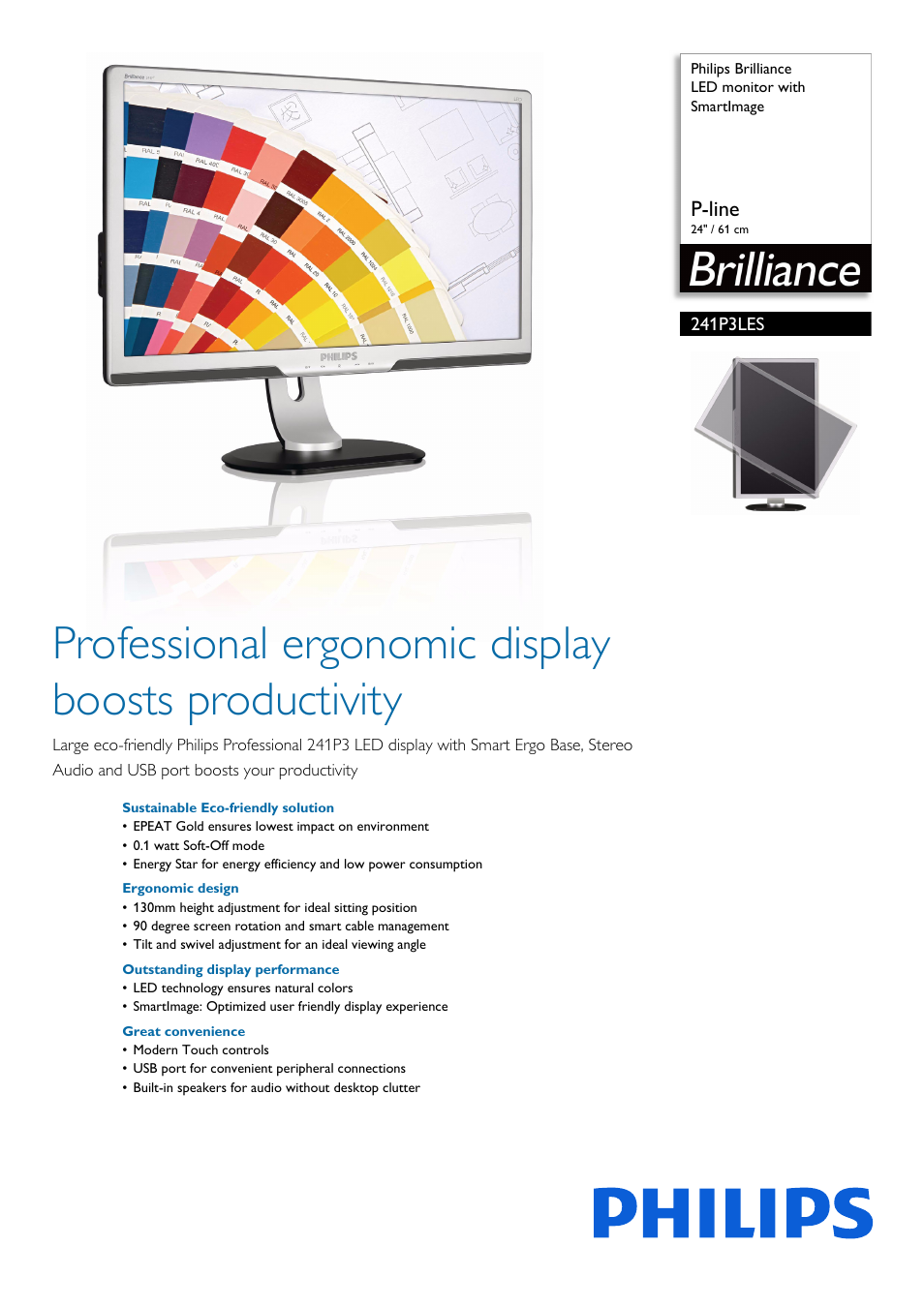 Philips Brilliance LED monitor 241P3LES P-line 24" - 61 cm with SmartImage User Manual | 3 pages