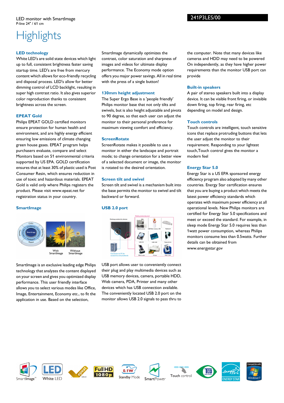 Highlights | Philips Brilliance LED monitor 241P3LES P-line 24" - 61 cm with SmartImage User Manual | Page 2 / 3