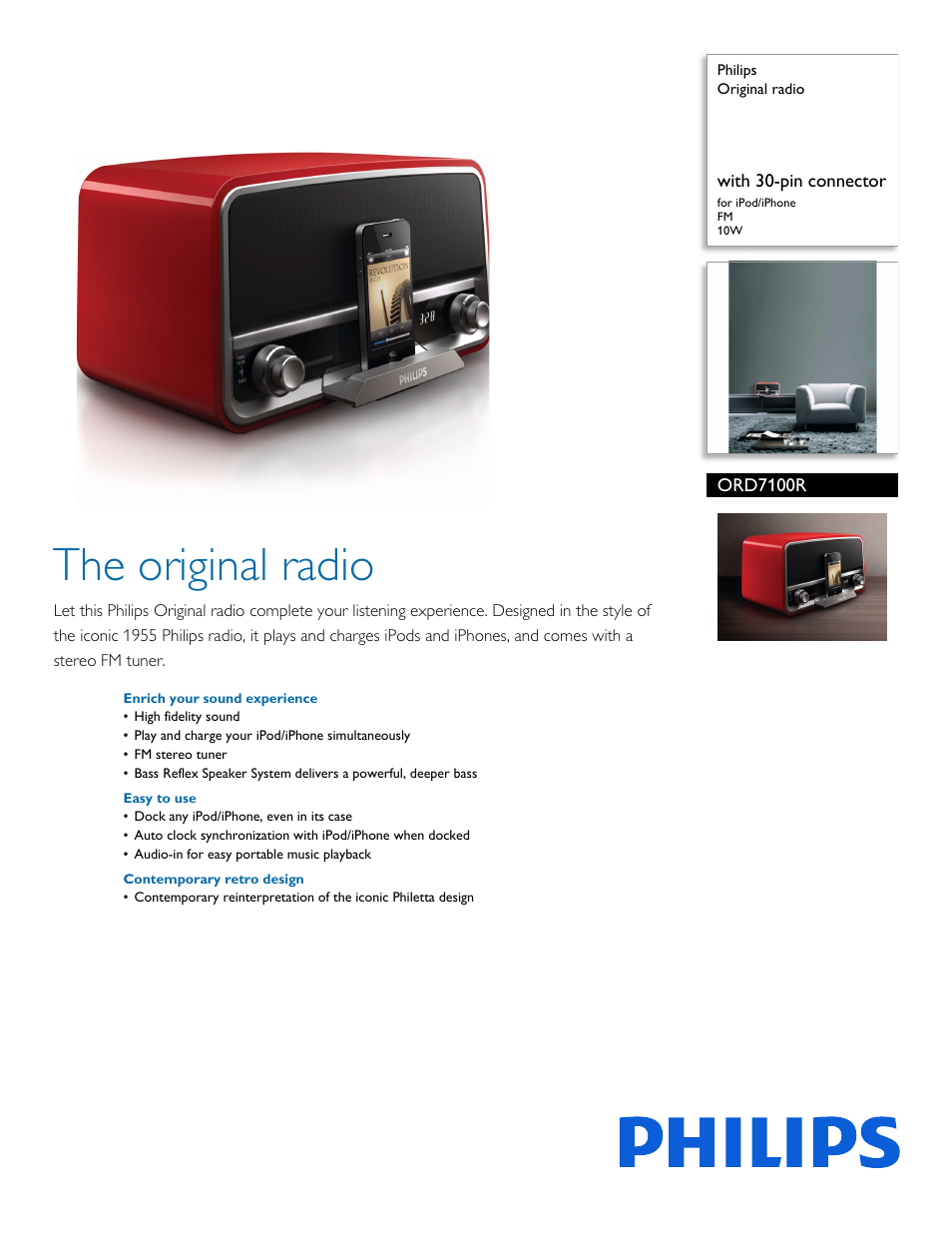 Philips Original radio ORD7100R with 30-pin connector for iPod-iPhone FM 10W User Manual | 3 pages