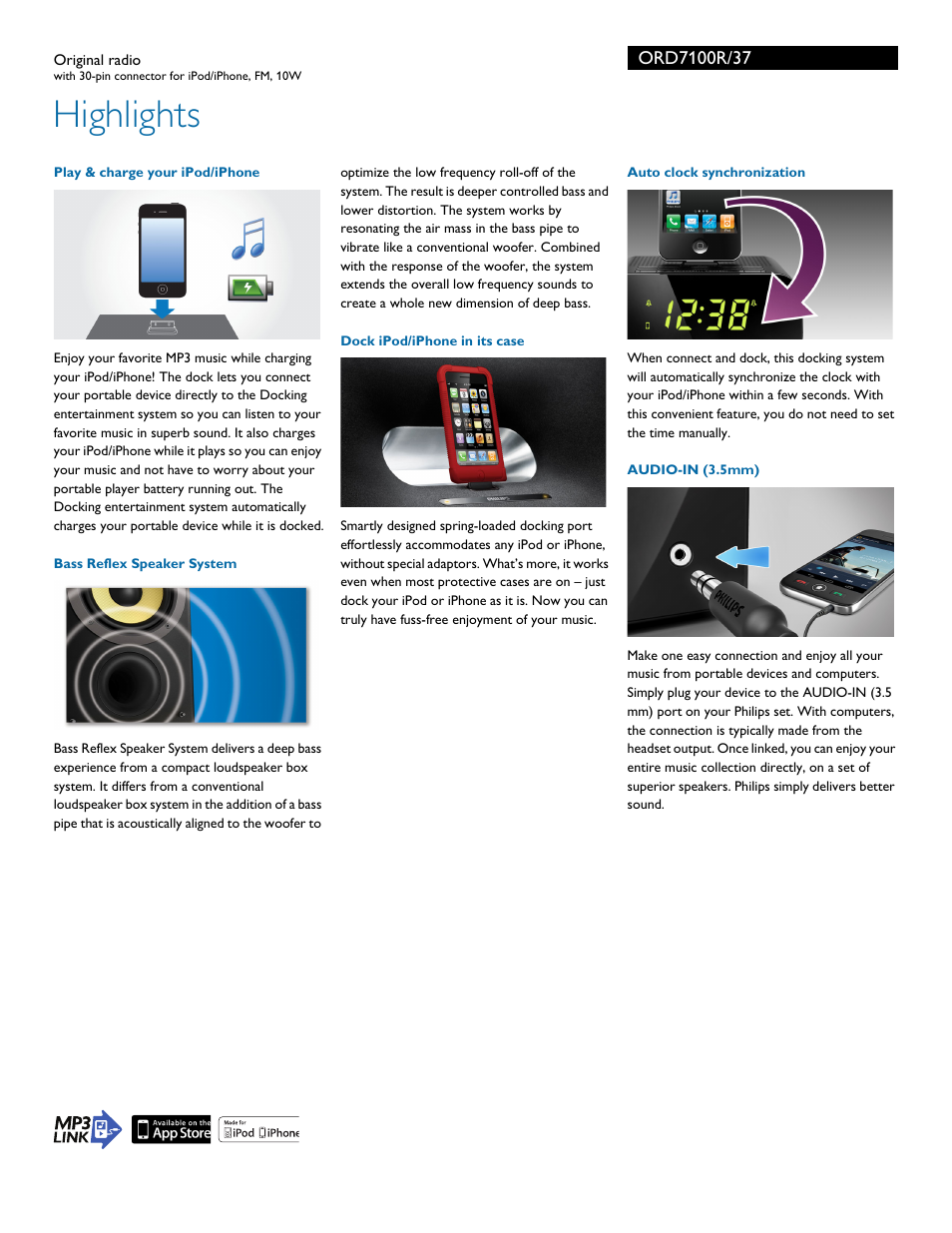 Highlights | Philips Original radio ORD7100R with 30-pin connector for iPod-iPhone FM 10W User Manual | Page 2 / 3