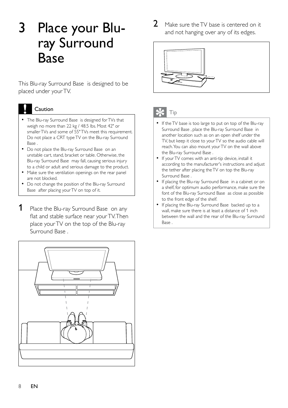 3 place your soundstage, 3 place your blu-ray surround base, 3 place your blu- ray surround base | Philips Blu-ray Surround Base HTB3525B 2.1 CH Integrated subwoofer Bluetooth® and NFC HDMI ARC Blu-ray Disc playback User Manual | Page 10 / 43