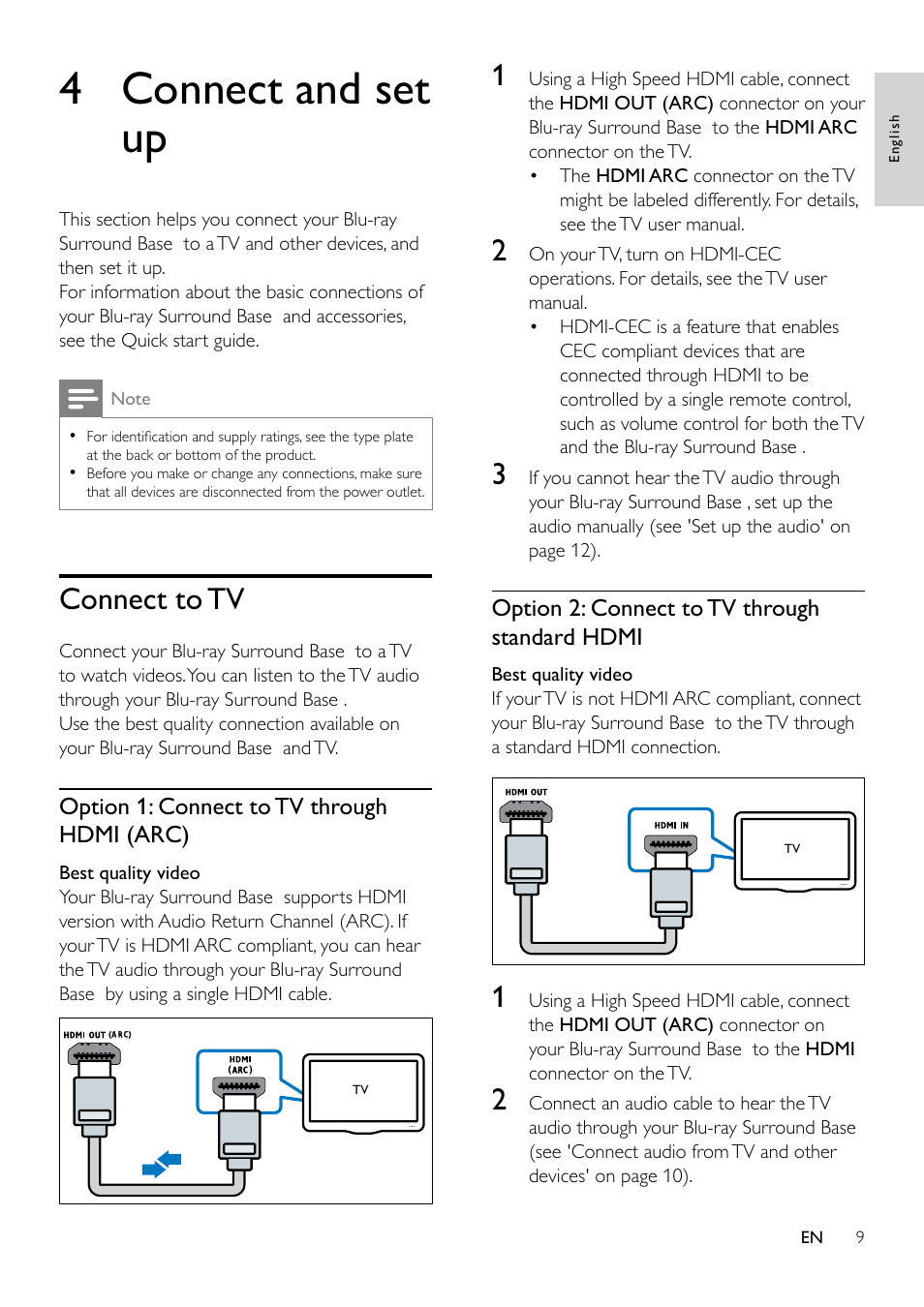 4 connect and set up, Connect to tv, Option 1: connect to tv through hdmi (arc) | Option 2: connect to tv through standard hdmi | Philips Blu-ray Surround Base HTB3525B 2.1 CH Integrated subwoofer Bluetooth® and NFC HDMI ARC Blu-ray Disc playback User Manual | Page 11 / 43