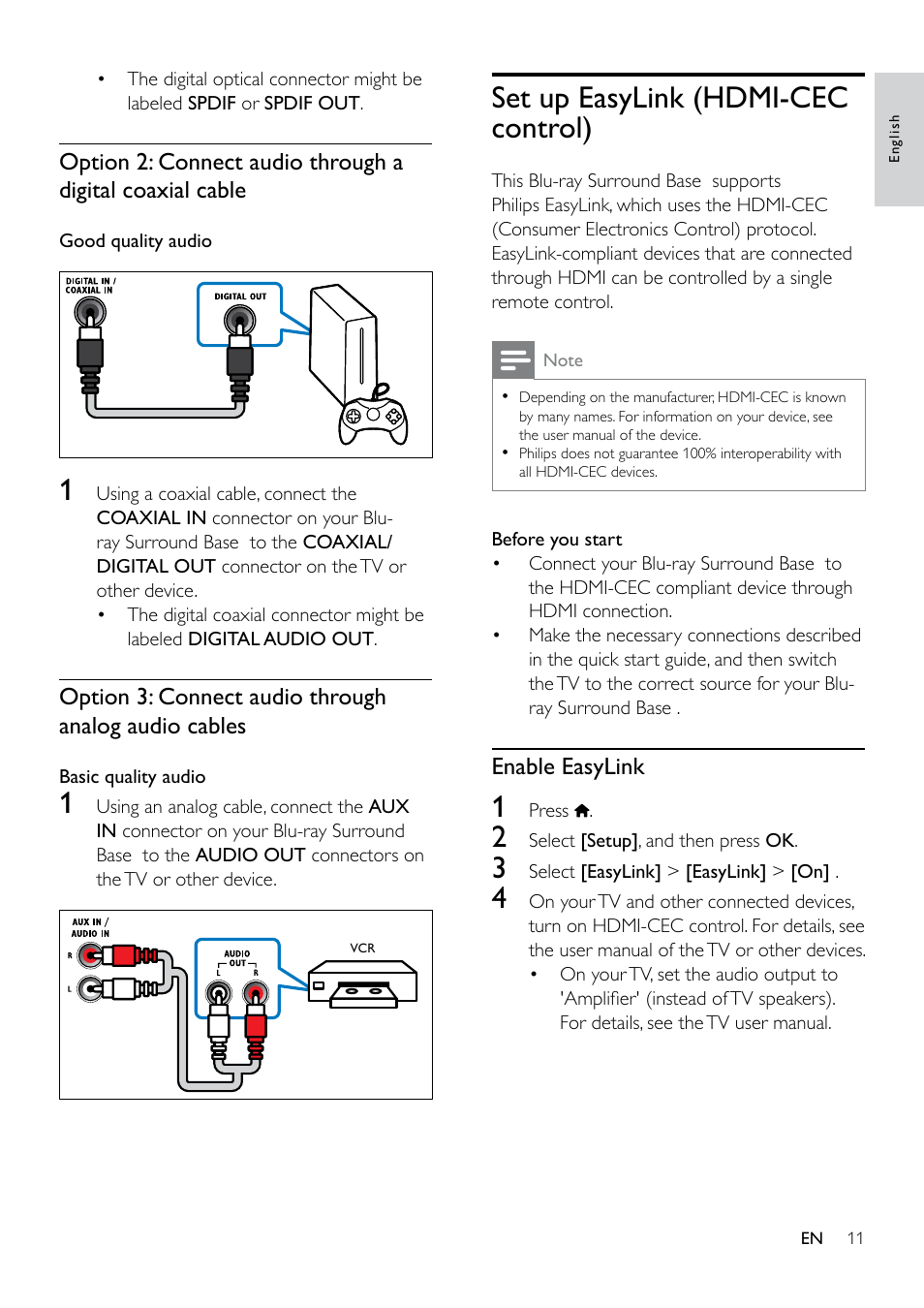 Set up easylink (hdmi-cec control), Enable easylink, Easylink controls | Hdmi-cec is a feature that enables, Cec compliant devices that are, Connected through hdmi to be, Controlled by a single remote control, Such as volume control for both the tv, And the blu-ray sur | Philips Blu-ray Surround Base HTB3525B 2.1 CH Integrated subwoofer Bluetooth® and NFC HDMI ARC Blu-ray Disc playback User Manual | Page 13 / 43