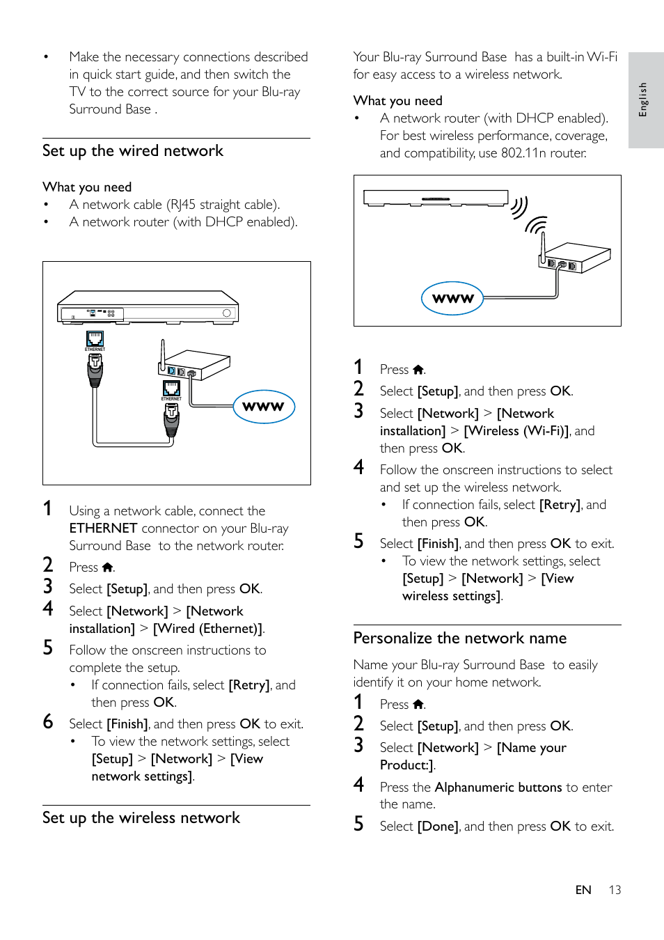 Set up the wireless network, Personalize the network name | Philips Blu-ray Surround Base HTB3525B 2.1 CH Integrated subwoofer Bluetooth® and NFC HDMI ARC Blu-ray Disc playback User Manual | Page 15 / 43