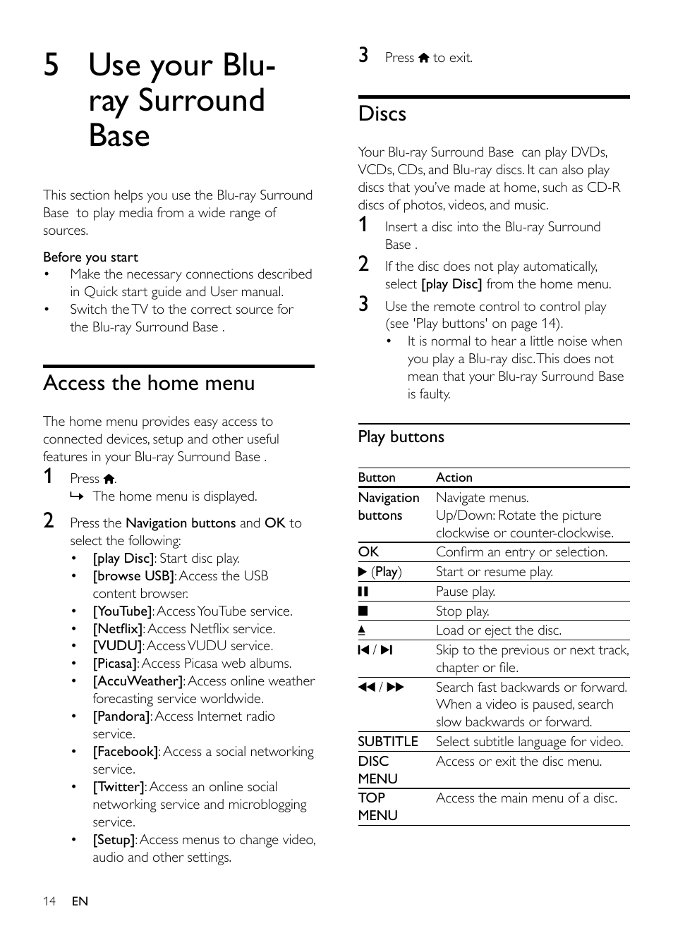 5 use your soundstage, Access the home menu, Discs | Play buttons, 5 use your blu-ray surround base, Discs 14, 5 use your blu- ray surround base | Philips Blu-ray Surround Base HTB3525B 2.1 CH Integrated subwoofer Bluetooth® and NFC HDMI ARC Blu-ray Disc playback User Manual | Page 16 / 43