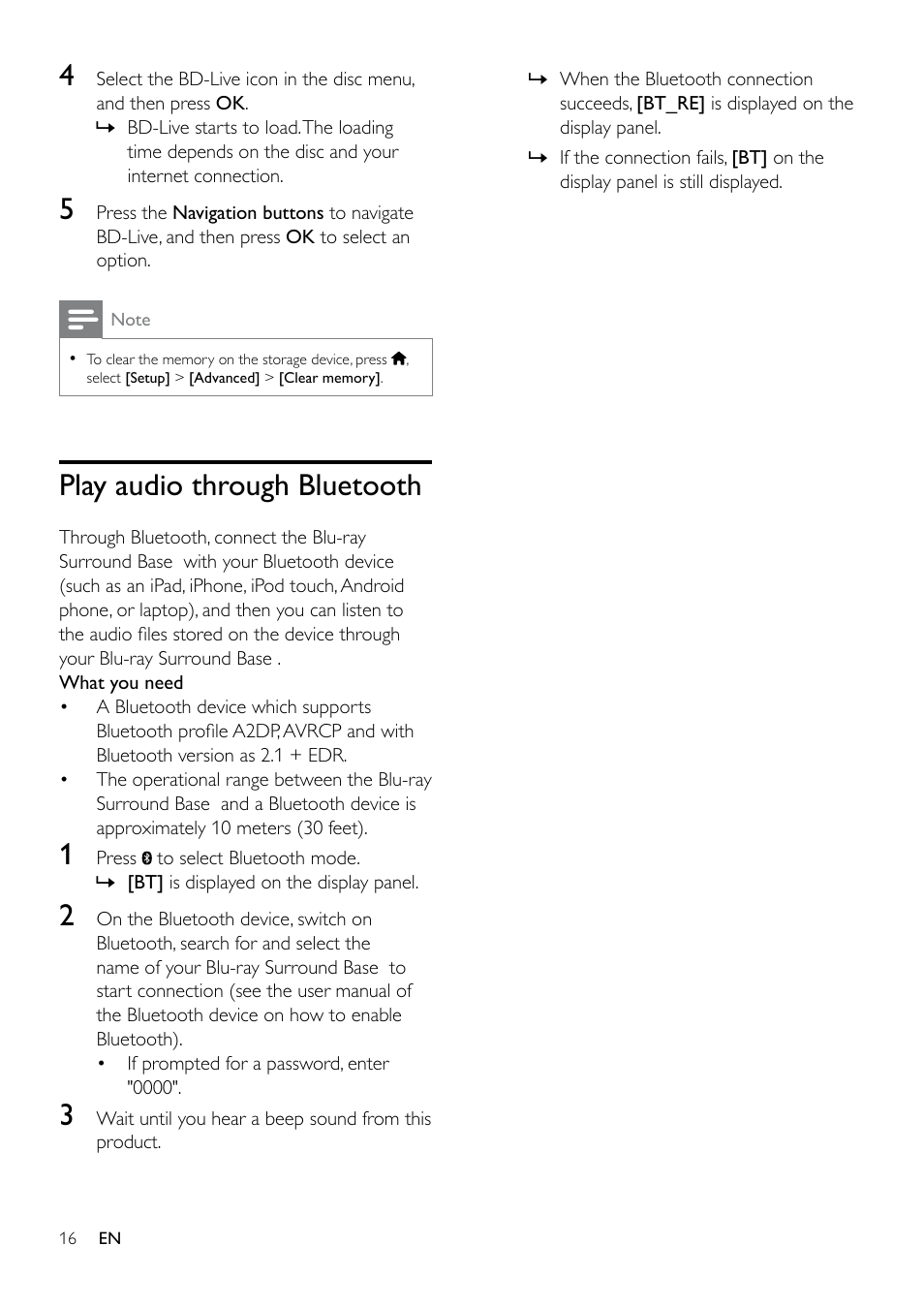 Play audio through bluetooth, Play music via nfc | Philips Blu-ray Surround Base HTB3525B 2.1 CH Integrated subwoofer Bluetooth® and NFC HDMI ARC Blu-ray Disc playback User Manual | Page 18 / 43