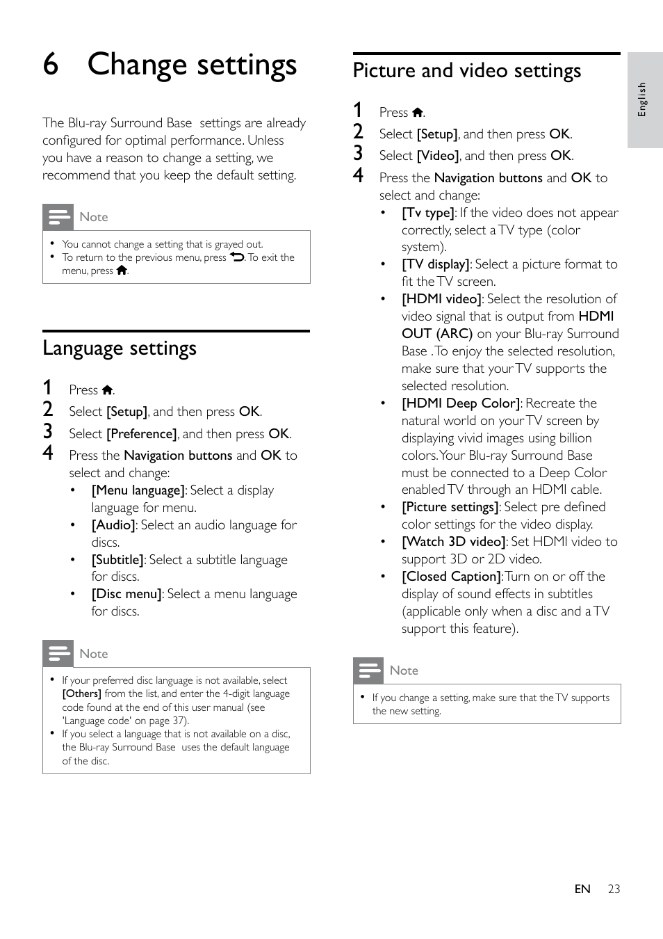 6 change settings, Language settings, Picture and video settings | Audio settings, Language settings 1, Picture and video settings 1 | Philips Blu-ray Surround Base HTB3525B 2.1 CH Integrated subwoofer Bluetooth® and NFC HDMI ARC Blu-ray Disc playback User Manual | Page 25 / 43