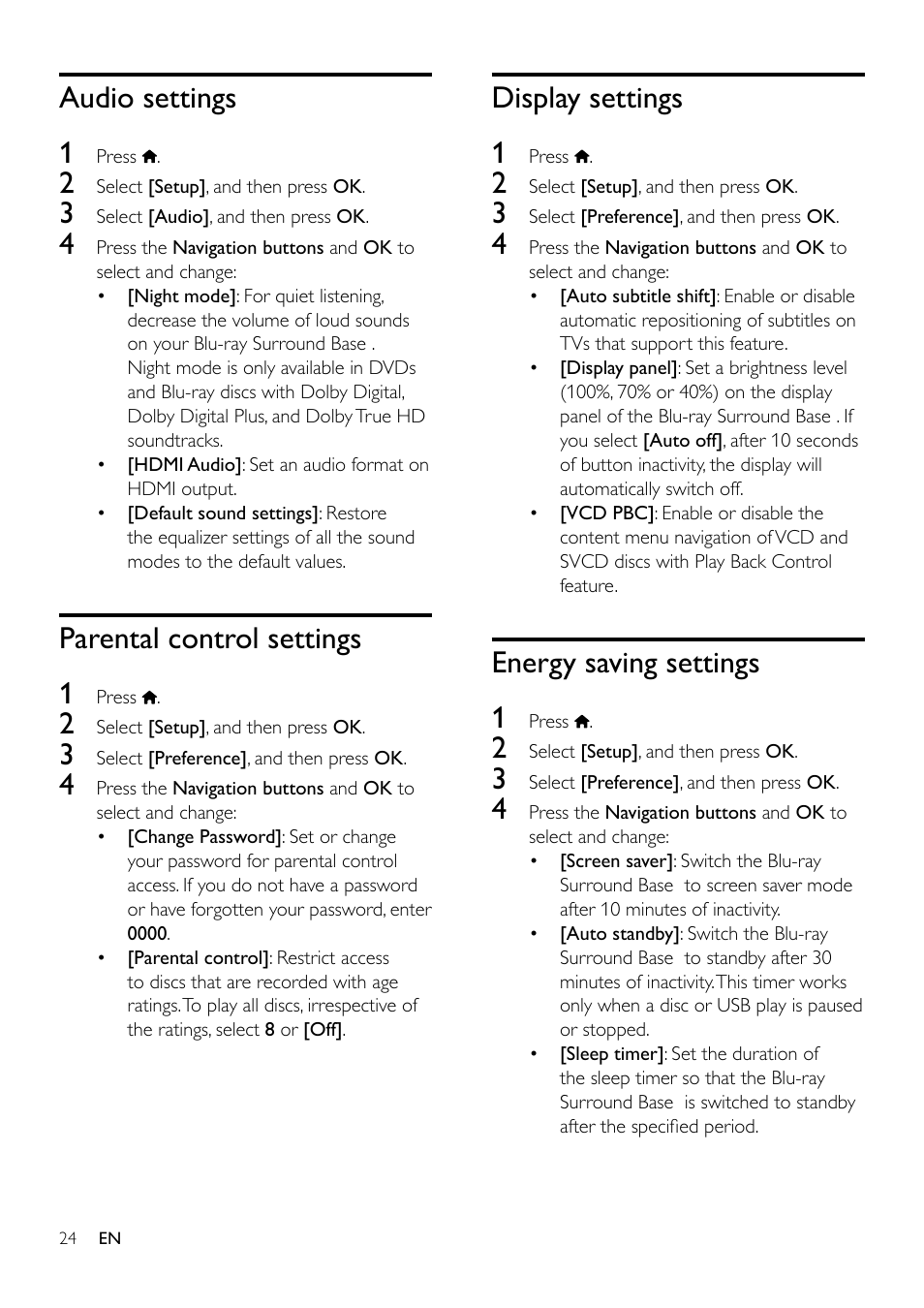 Parental control settings, Display settings, Energy saving settings | Speaker settings, Audio settings, Audio settings 1, Parental control settings 1, Display settings 1, Energy saving settings 1 | Philips Blu-ray Surround Base HTB3525B 2.1 CH Integrated subwoofer Bluetooth® and NFC HDMI ARC Blu-ray Disc playback User Manual | Page 26 / 43