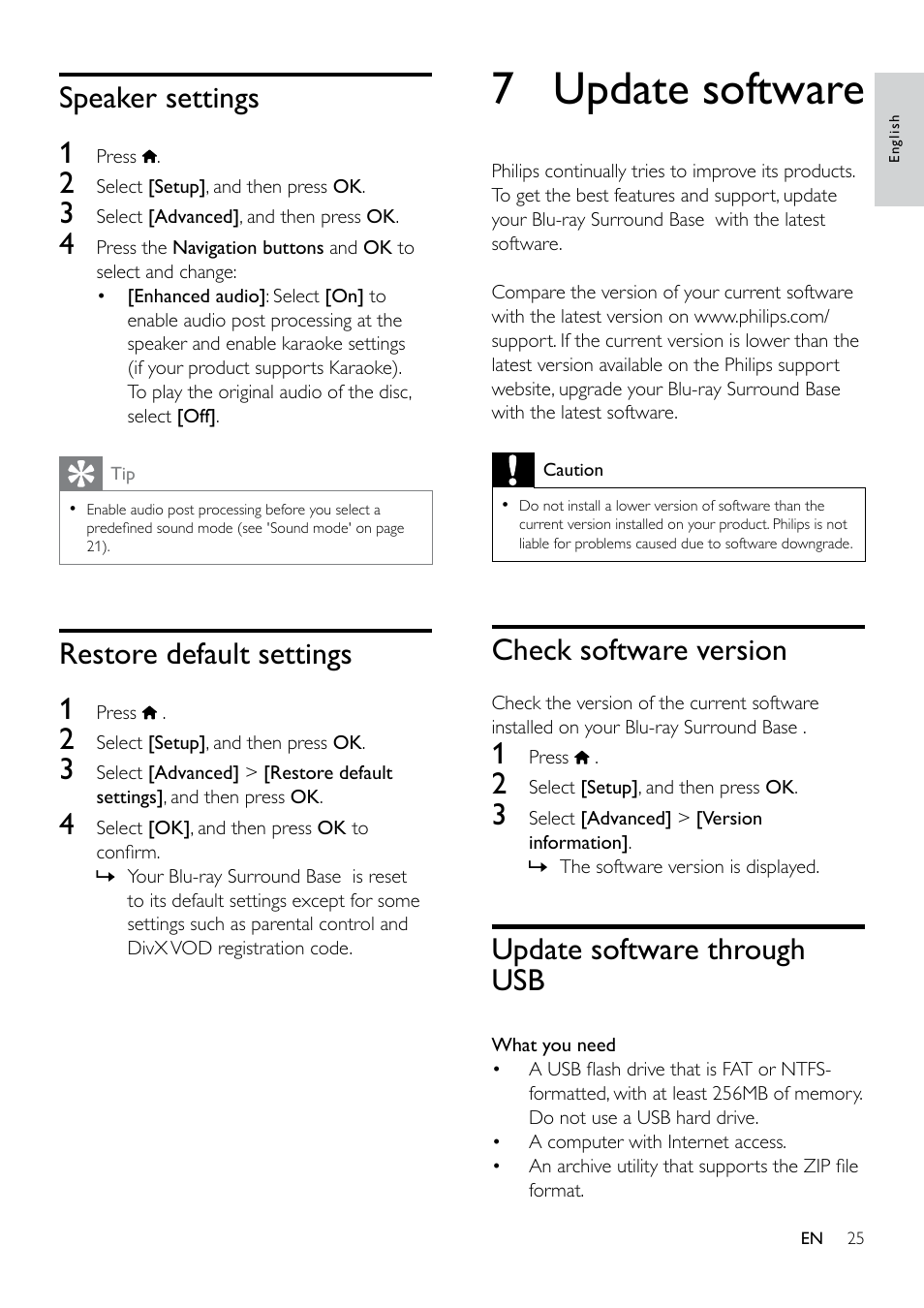 Restore default settings, Speaker settings, 7 update software | Check software version, Update software through usb, Speaker settings 1, Restore default settings 1 | Philips Blu-ray Surround Base HTB3525B 2.1 CH Integrated subwoofer Bluetooth® and NFC HDMI ARC Blu-ray Disc playback User Manual | Page 27 / 43