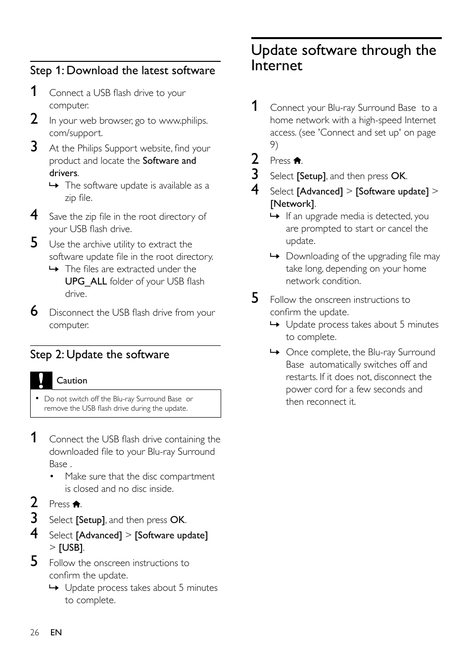 7 update software, Check software version, Update software through usb | Step 1: download the latest software, Step 2: update the software, Update software through the internet, Update software through the internet 26, Software update (see 'update software | Philips Blu-ray Surround Base HTB3525B 2.1 CH Integrated subwoofer Bluetooth® and NFC HDMI ARC Blu-ray Disc playback User Manual | Page 28 / 43