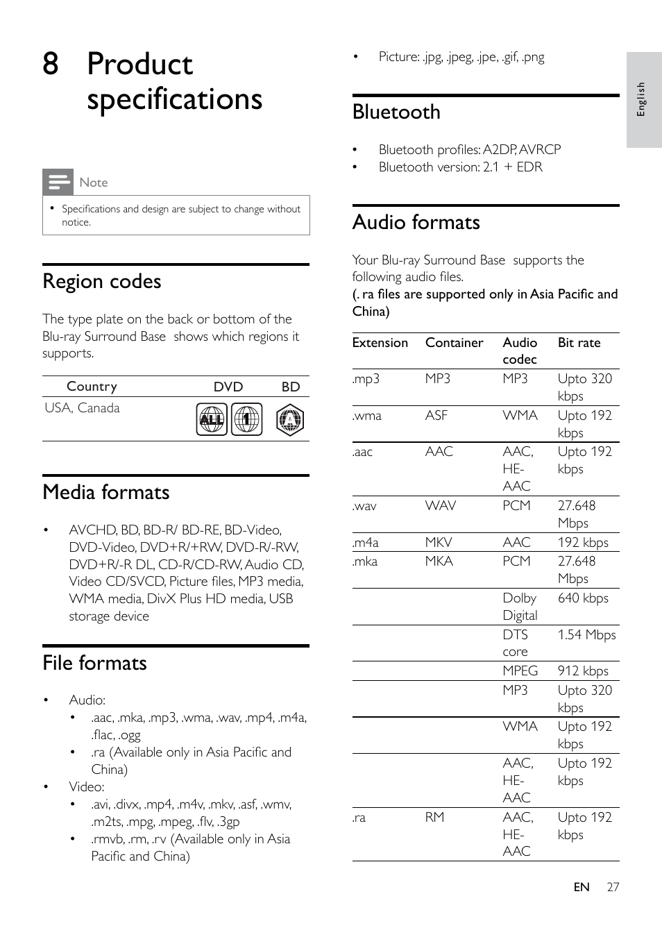 Update software through the internet, 8 product specifications, Region codes | Media formats, File formats, Bluetooth, Audio formats, Bluetooth 27, Check, That the file format is supported by your blu-ray | Philips Blu-ray Surround Base HTB3525B 2.1 CH Integrated subwoofer Bluetooth® and NFC HDMI ARC Blu-ray Disc playback User Manual | Page 29 / 43