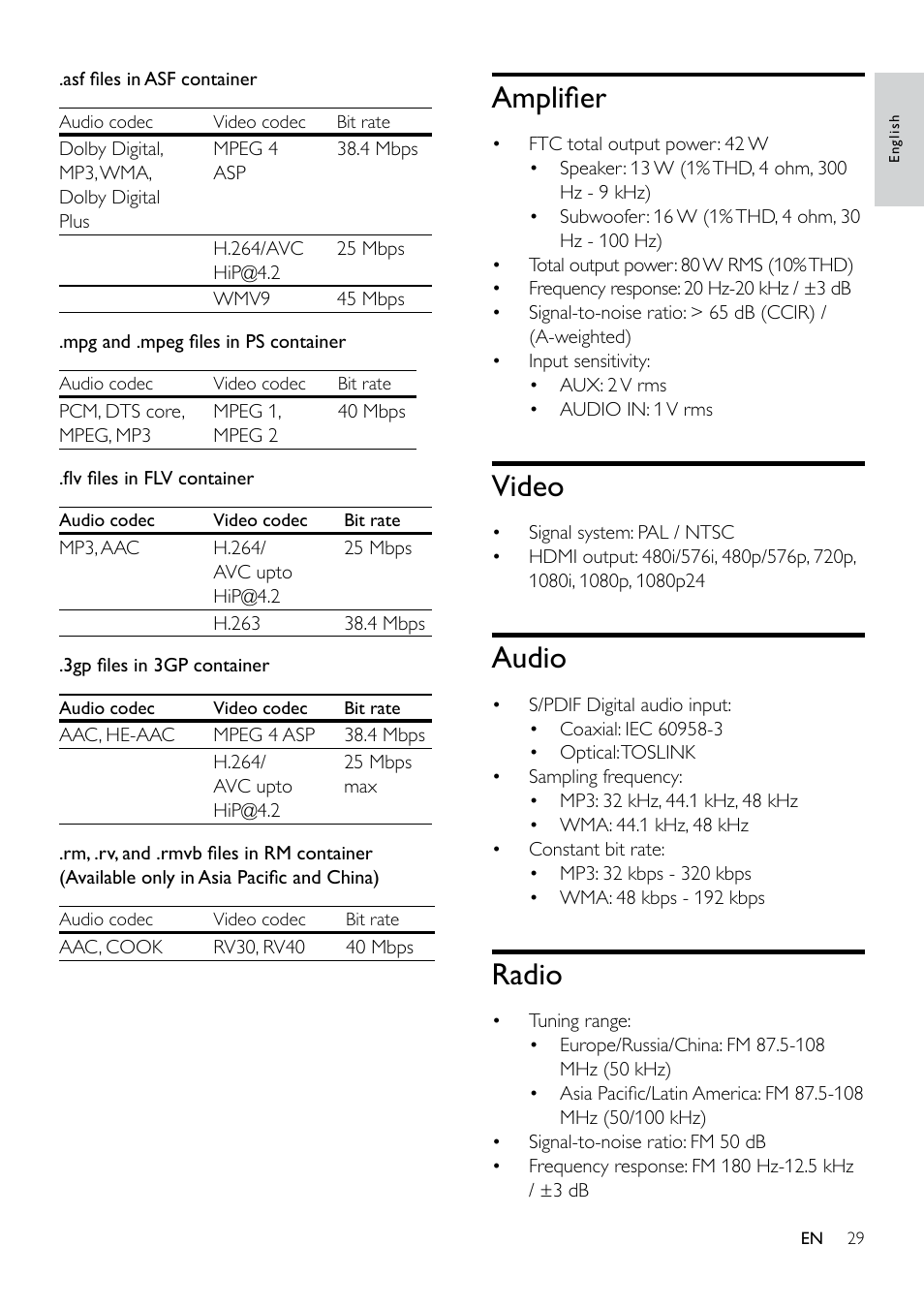 Video formats, Amplifier, Video | Audio, Radio, Video 29, Audio 29, Radio 29 | Philips Blu-ray Surround Base HTB3525B 2.1 CH Integrated subwoofer Bluetooth® and NFC HDMI ARC Blu-ray Disc playback User Manual | Page 31 / 43