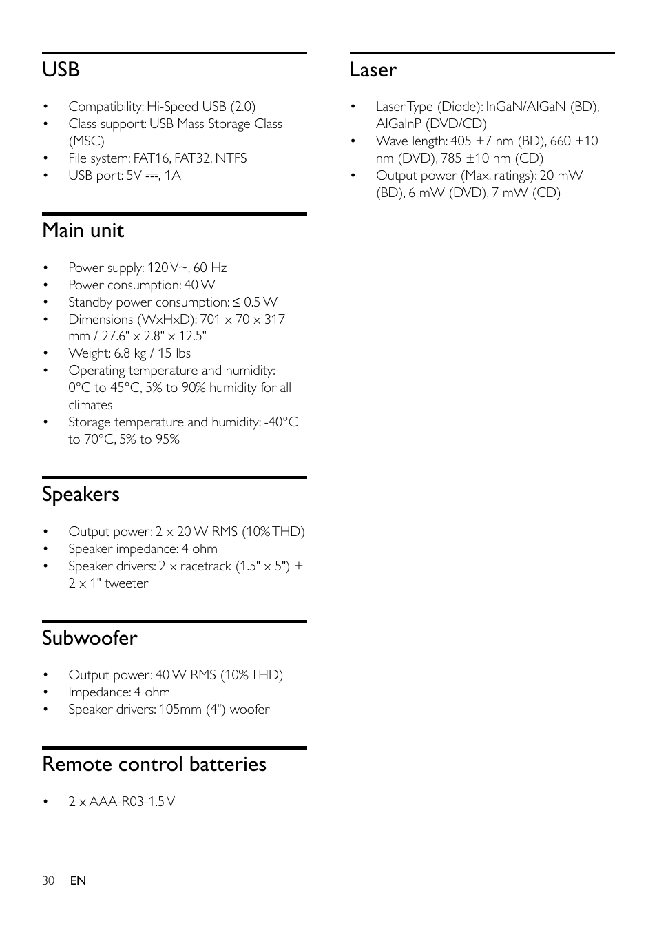 Amplifier, Video, Audio | Radio, Main unit, Speakers, Subwoofer, Remote control batteries, Laser, Usb 30 | Philips Blu-ray Surround Base HTB3525B 2.1 CH Integrated subwoofer Bluetooth® and NFC HDMI ARC Blu-ray Disc playback User Manual | Page 32 / 43