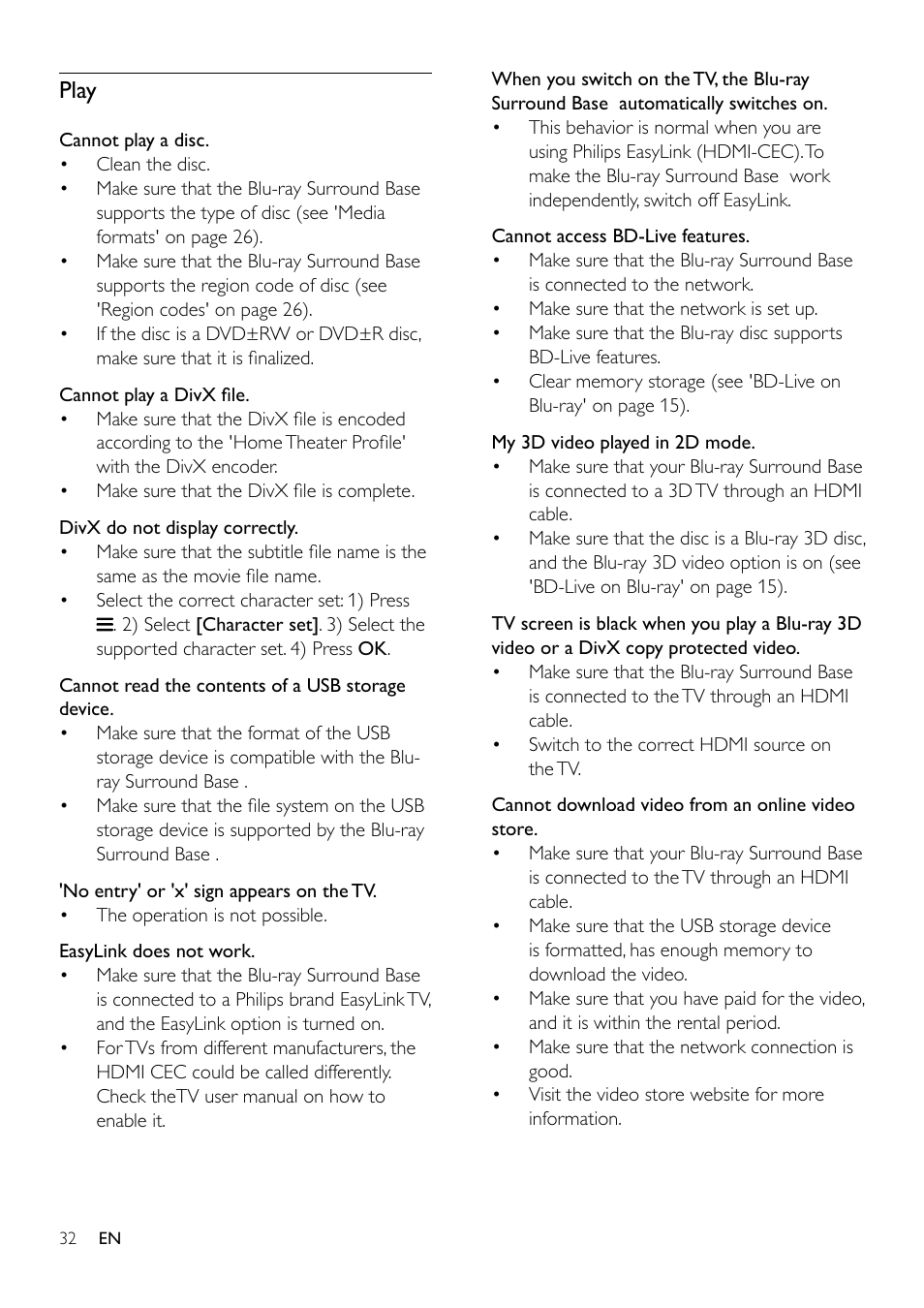 Main unit, Picture, Sound | Play, 9 troubleshooting | Philips Blu-ray Surround Base HTB3525B 2.1 CH Integrated subwoofer Bluetooth® and NFC HDMI ARC Blu-ray Disc playback User Manual | Page 34 / 43