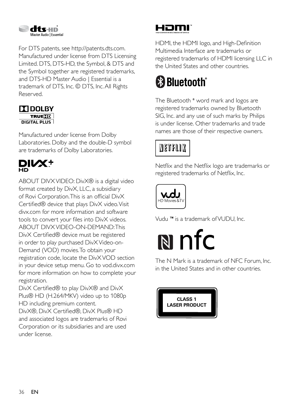 Open source software, Trademarks | Philips Blu-ray Surround Base HTB3525B 2.1 CH Integrated subwoofer Bluetooth® and NFC HDMI ARC Blu-ray Disc playback User Manual | Page 38 / 43