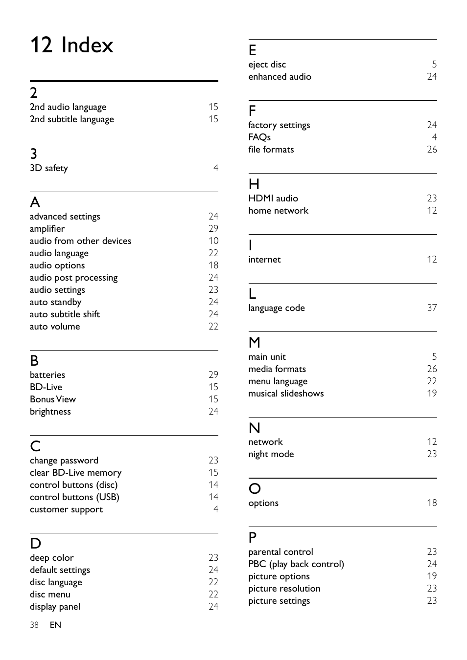 11 language code, 12 index | Philips Blu-ray Surround Base HTB3525B 2.1 CH Integrated subwoofer Bluetooth® and NFC HDMI ARC Blu-ray Disc playback User Manual | Page 40 / 43