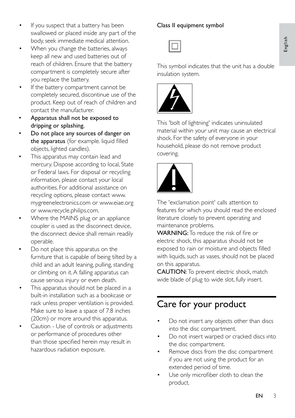 Care for your product | Philips Blu-ray Surround Base HTB3525B 2.1 CH Integrated subwoofer Bluetooth® and NFC HDMI ARC Blu-ray Disc playback User Manual | Page 5 / 43