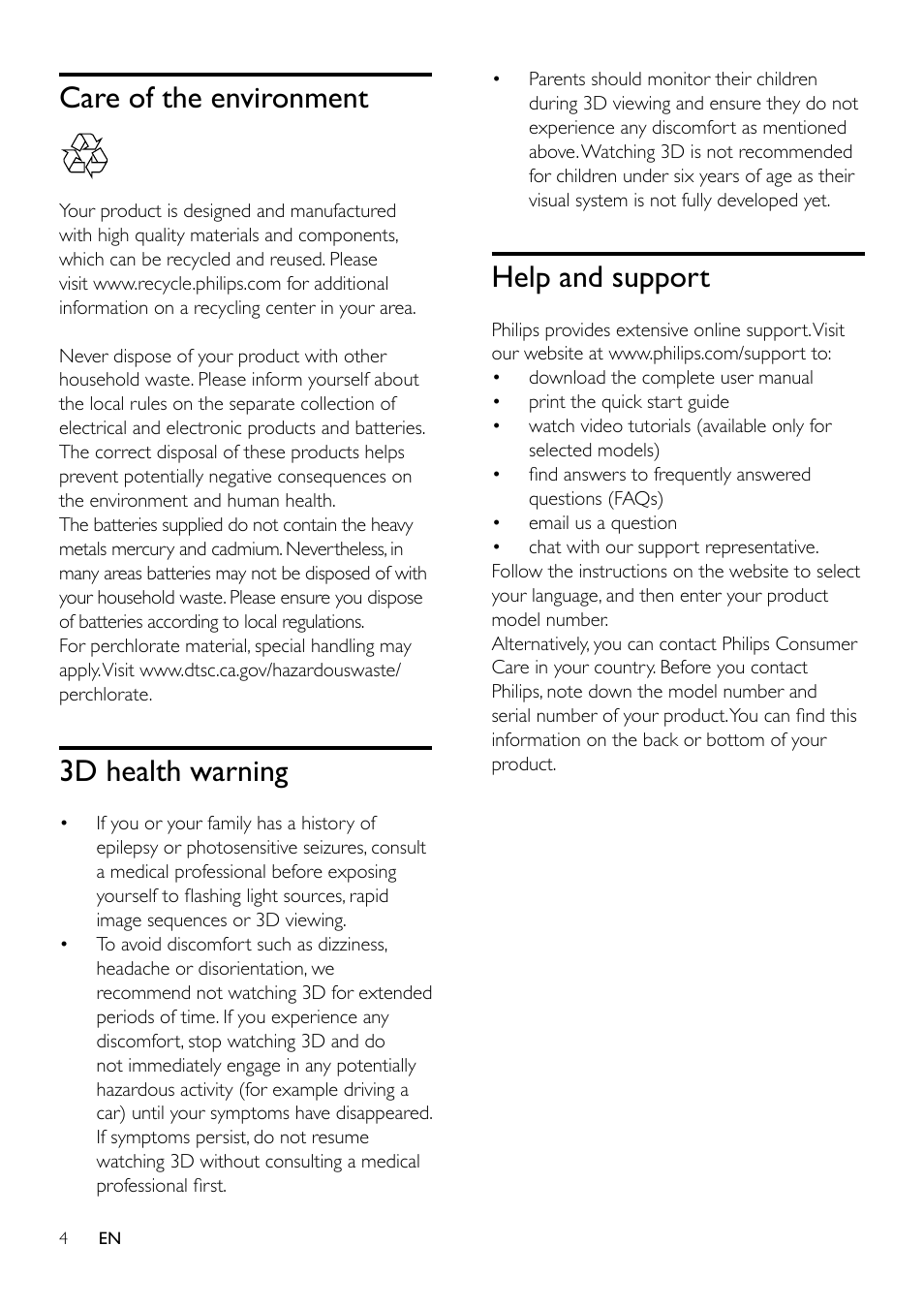 Care of the environment, 3d health warning, Help and support | Philips Blu-ray Surround Base HTB3525B 2.1 CH Integrated subwoofer Bluetooth® and NFC HDMI ARC Blu-ray Disc playback User Manual | Page 6 / 43