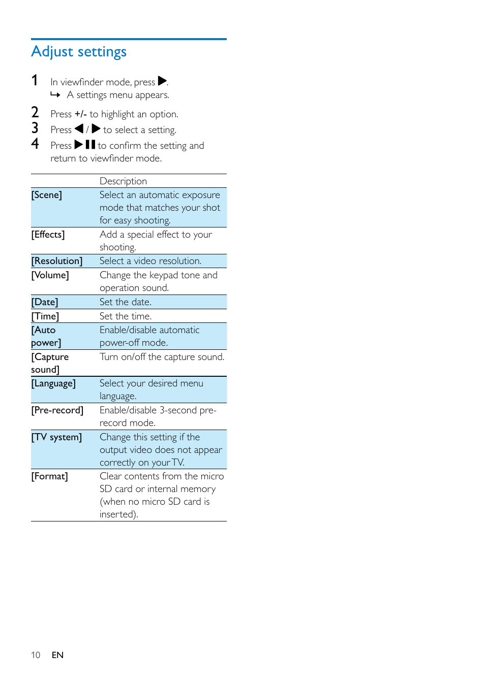 Adjust settings 1 | Philips CAM102PK-37 User Manual | Page 11 / 20