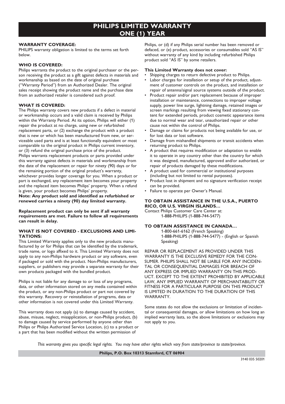 Philips limited warranty one (1) year | Philips CAM102PK-37 User Manual | Page 19 / 20