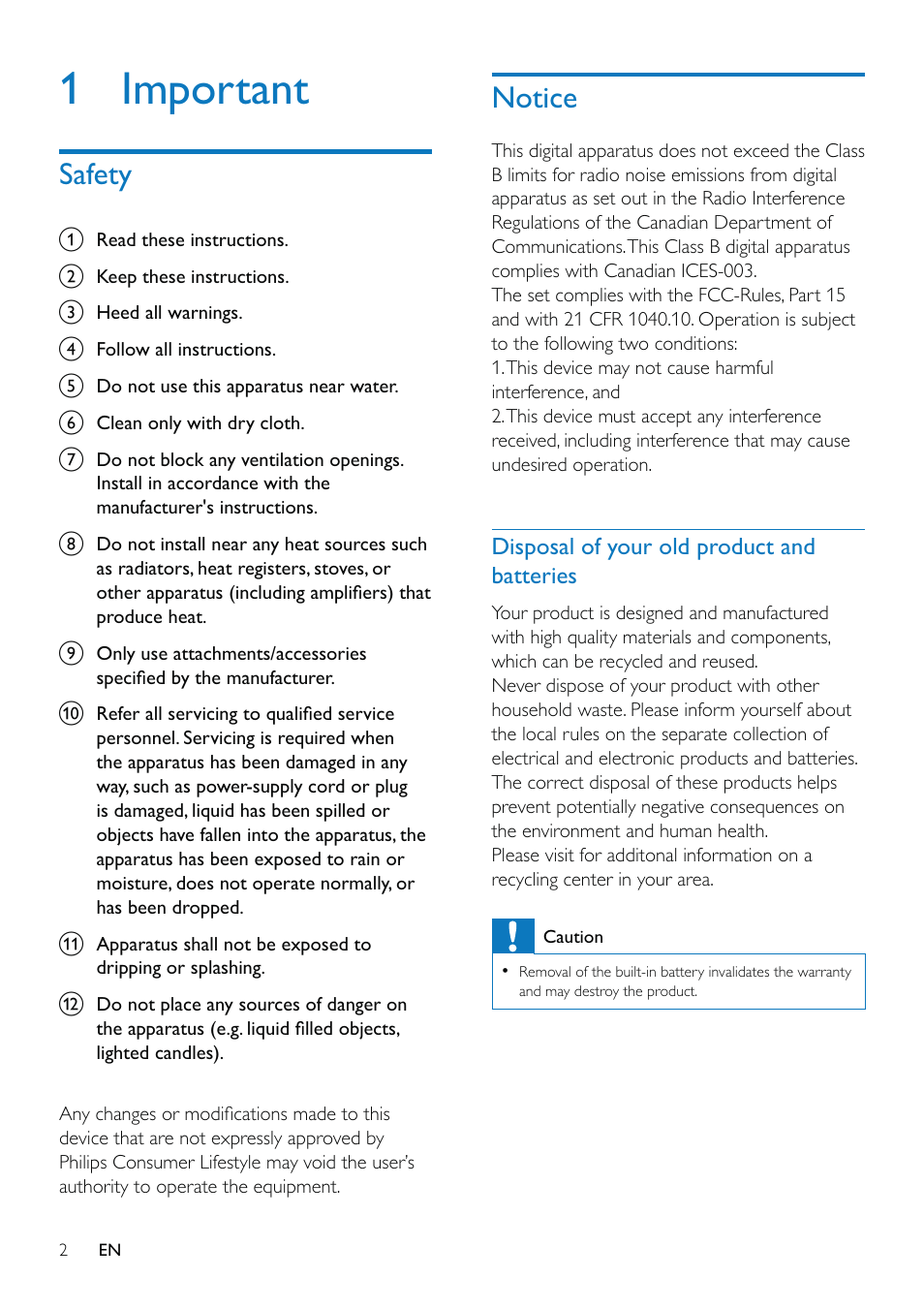 1 important, Safety, Notice | Philips CAM102PK-37 User Manual | Page 3 / 20