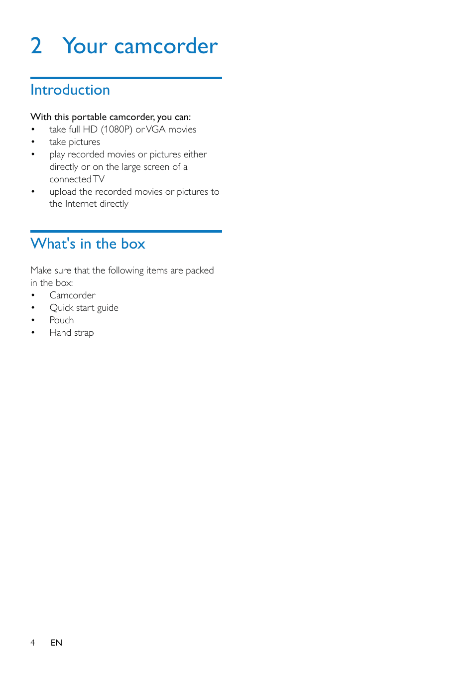 2 your camcorder, Introduction, What's in the box | Philips CAM102PK-37 User Manual | Page 5 / 20